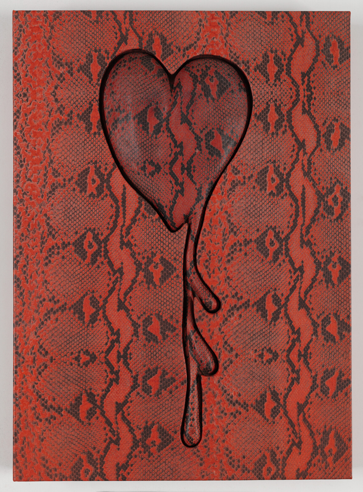 Red snakeskin-patterned panel with a heart-shaped cutout dripping three teardrop-like shapes.
