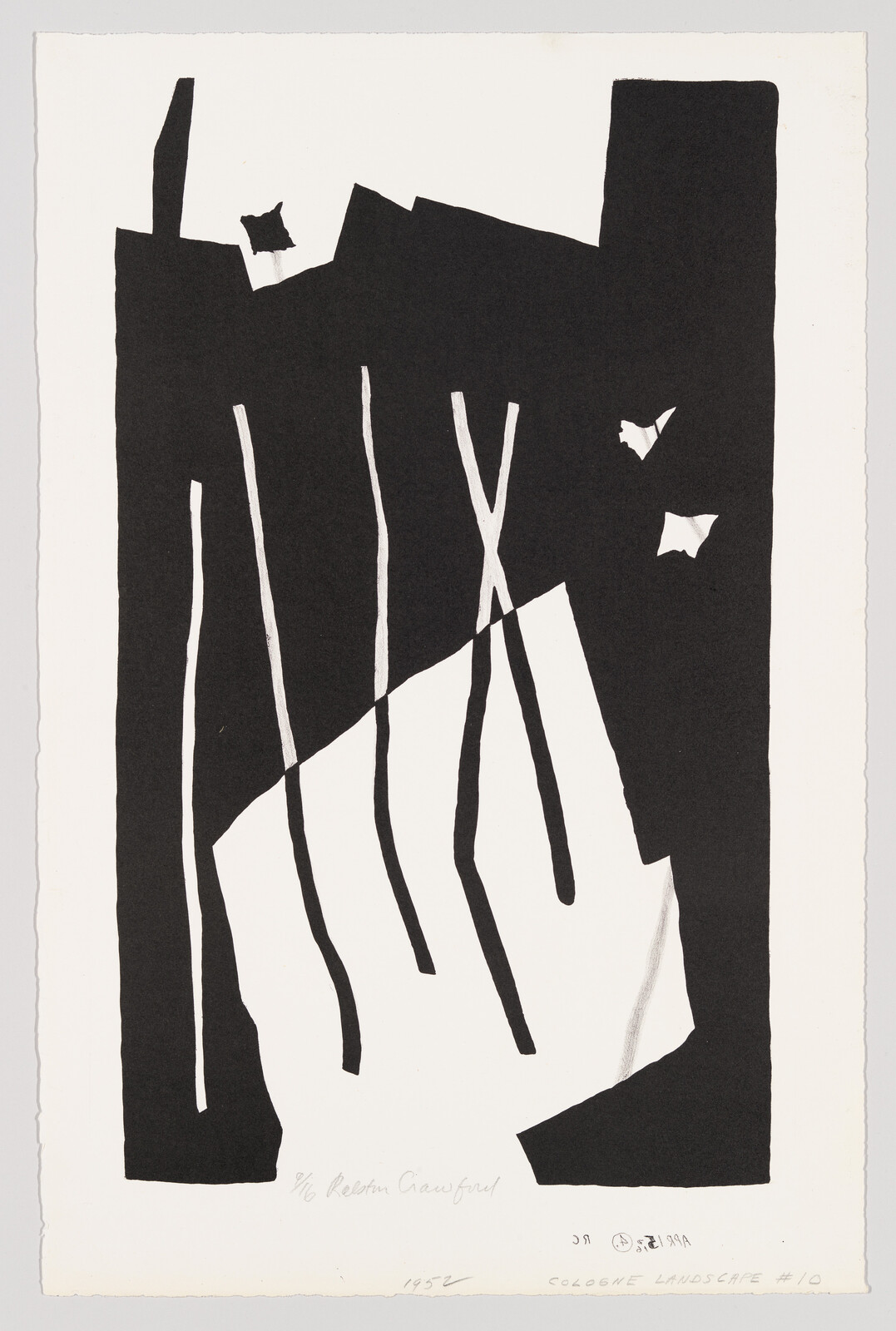 Black and white abstract composition with vertical stick-like lines and angular block shapes.