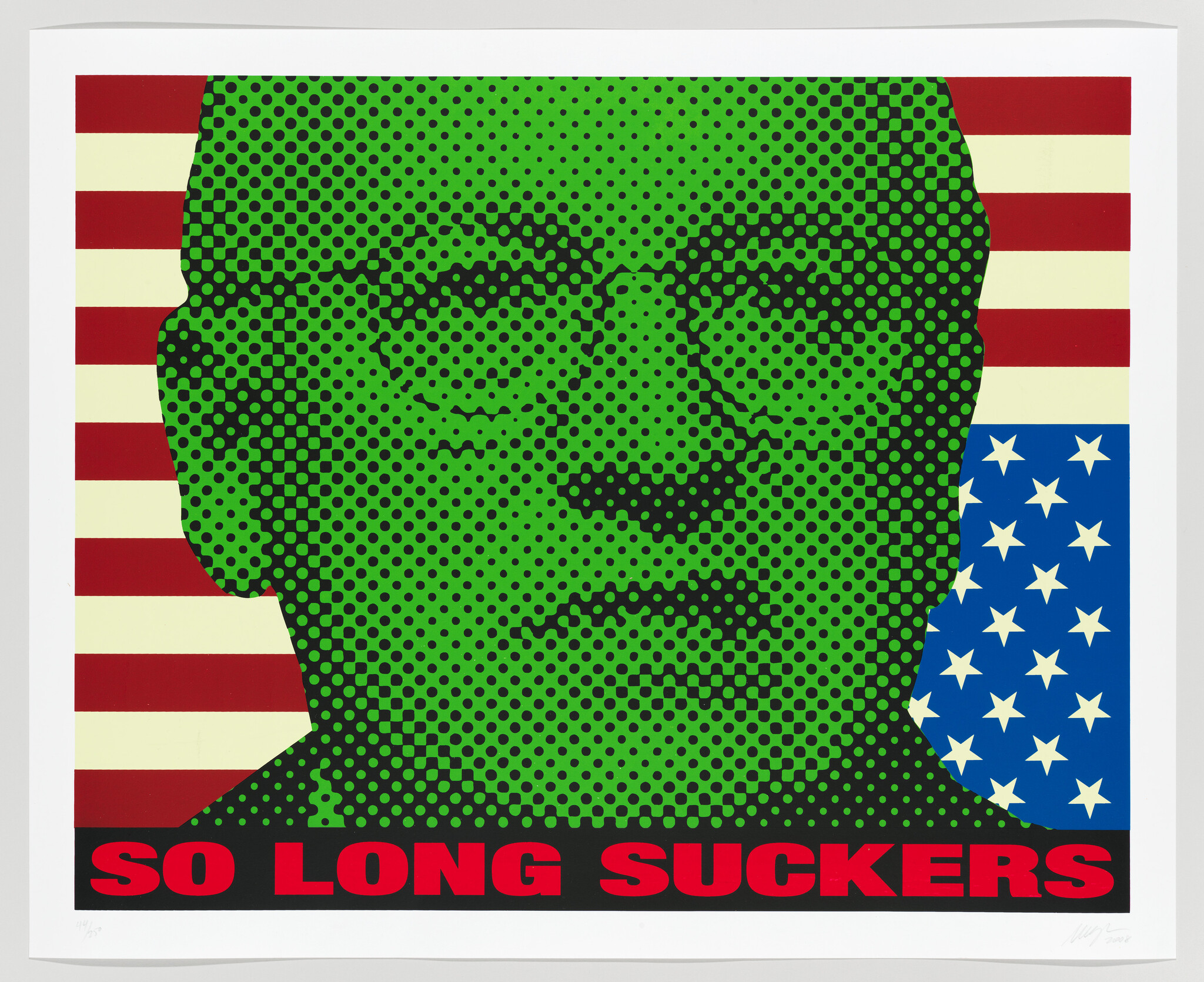 Green halftone face over an American flag background with bold red text "SO LONG SUCKERS."