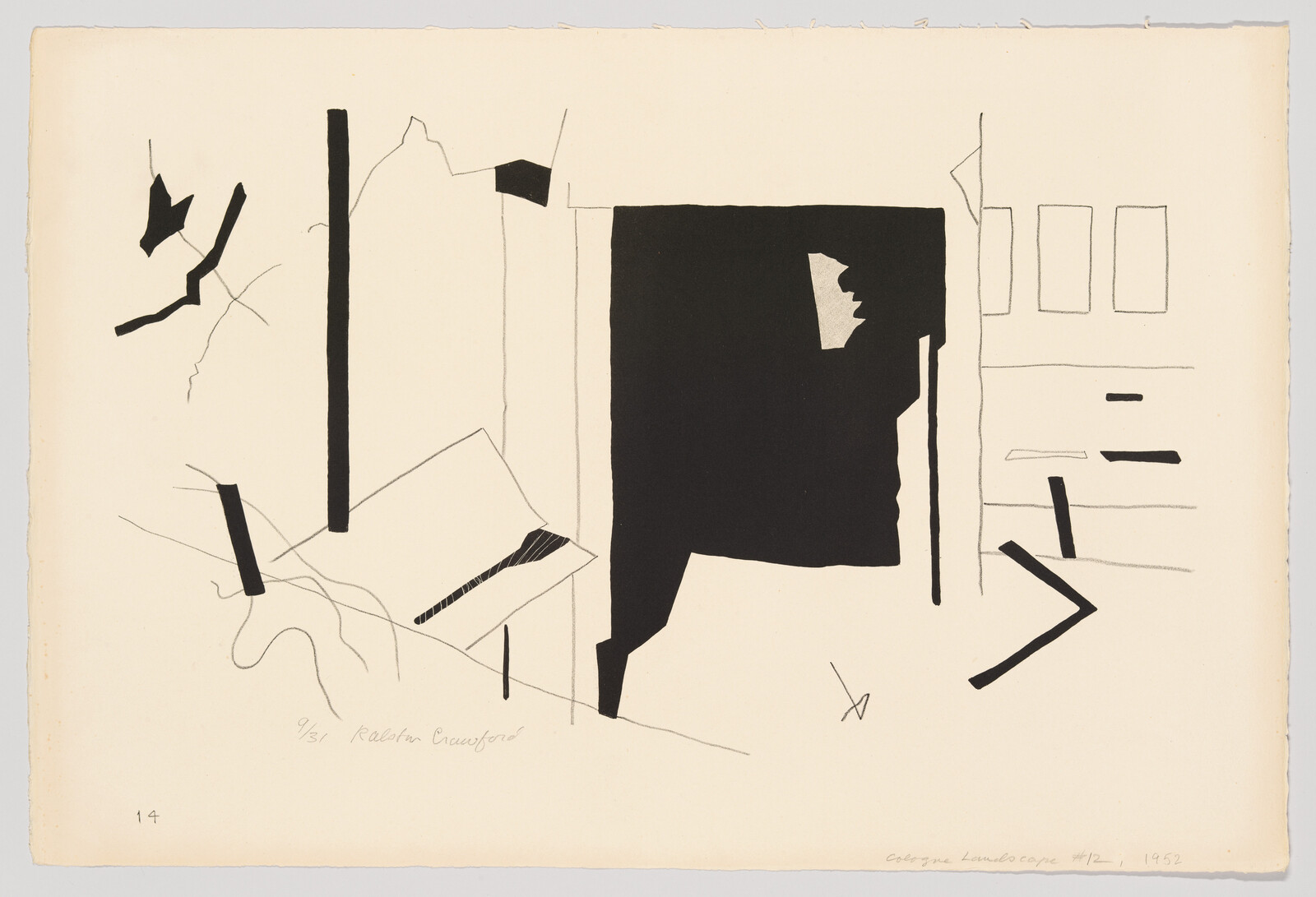 Abstract composition of bold black geometric shapes and thin pencil lines on cream paper.