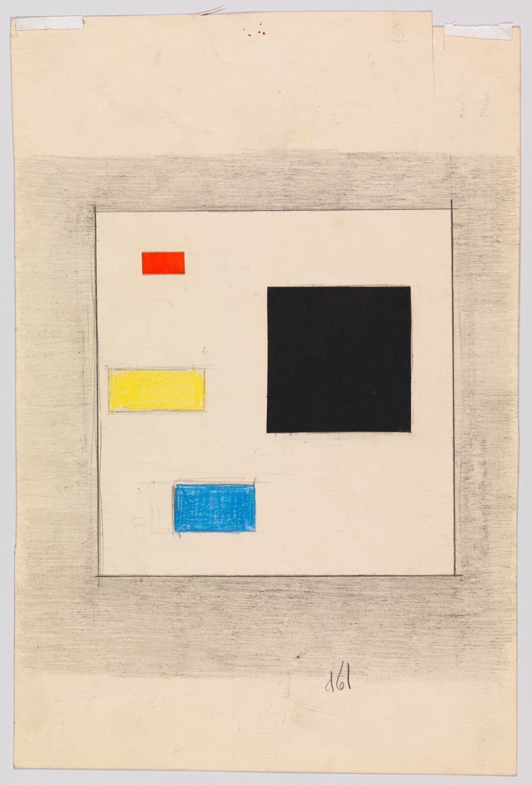 A minimalist drawing of a large black square with small red, yellow, and blue rectangles.