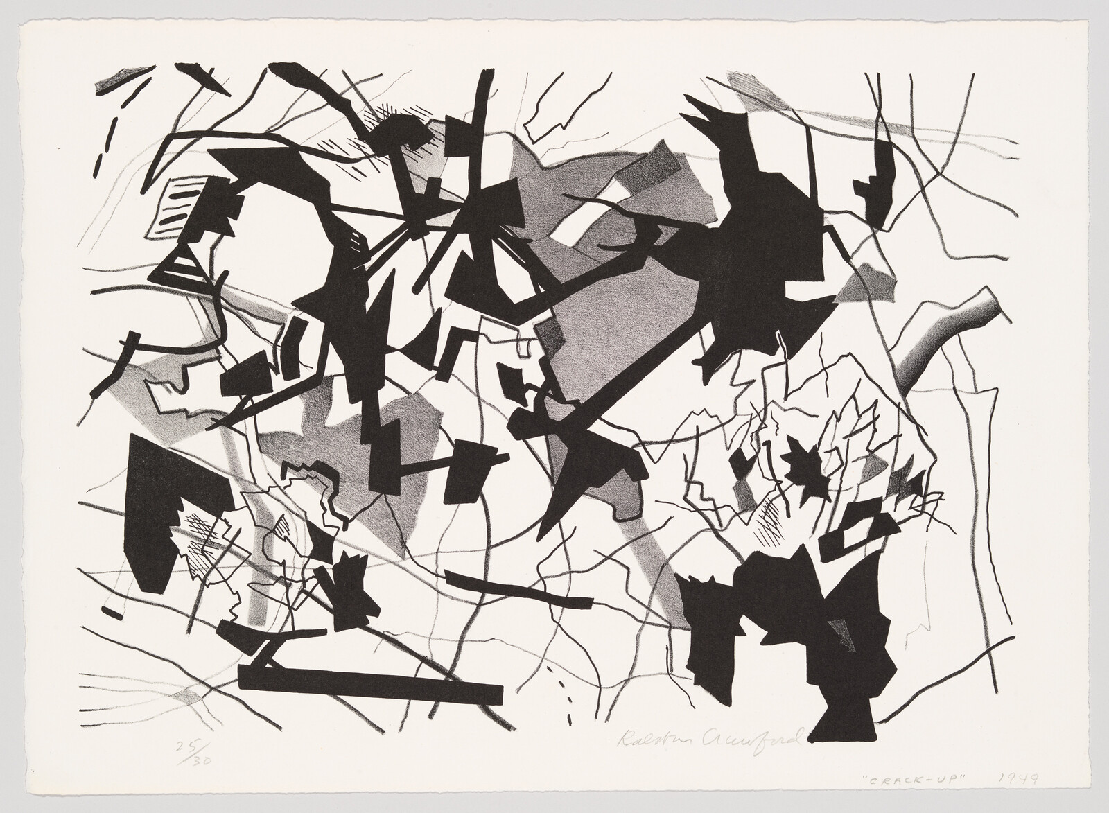 Abstract black shapes and thin lines intersect across a white background, forming irregular fragmented patterns.