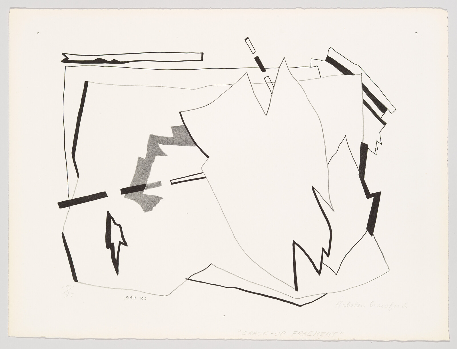 Abstract black-and-white drawing showing overlapping torn paper shapes and jagged lines across the page.