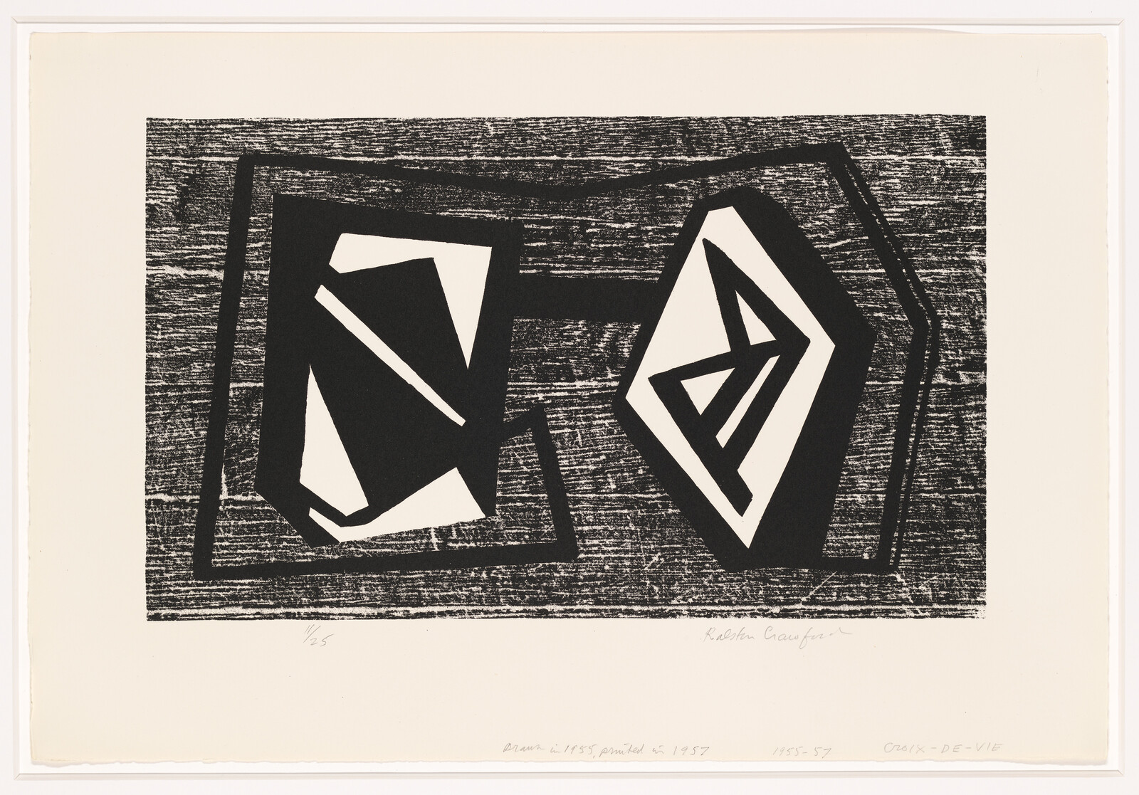 Two bold black geometric shapes with white interior patterns sit on a textured black rectangular background.