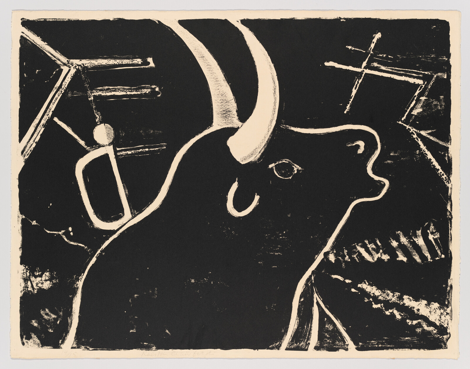 A bold black-and-white print showing a charging bull with large curved horns.