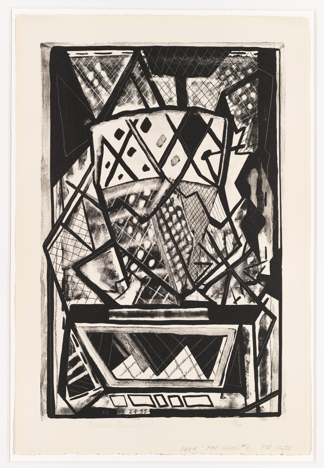 Black-and-white abstract composition of intersecting geometric shapes resembling broken stained-glass within a rectangular frame.