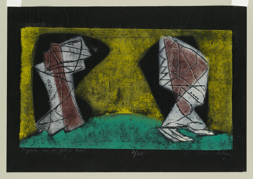 Two abstract geometric figures face each other on a green mound against a yellow background.