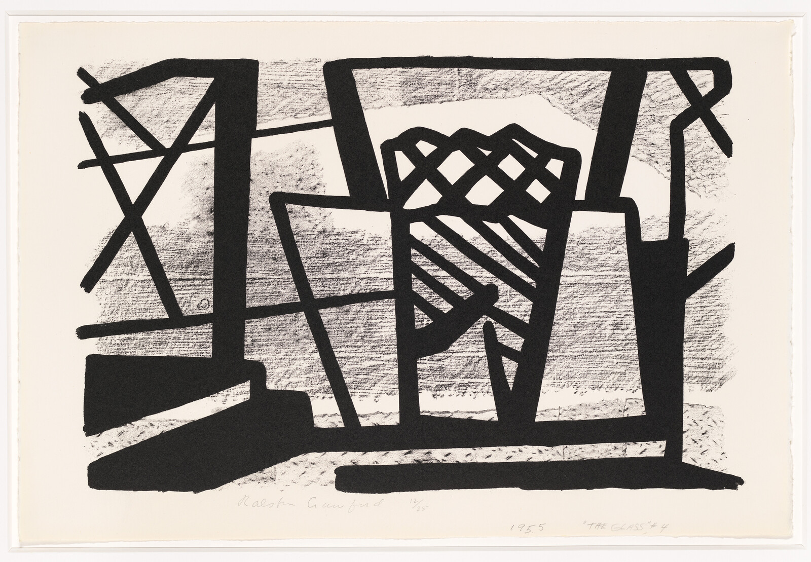 Bold black geometric shapes form overlapping chair and window-like silhouettes against a hatched background.