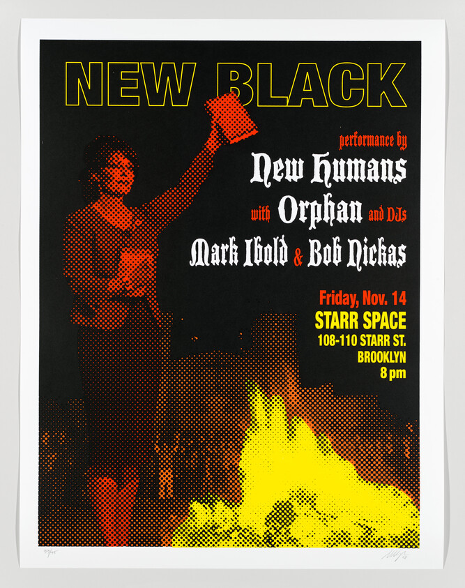 Woman holding a raised book beside a large bonfire under the bold heading 'New Black'.