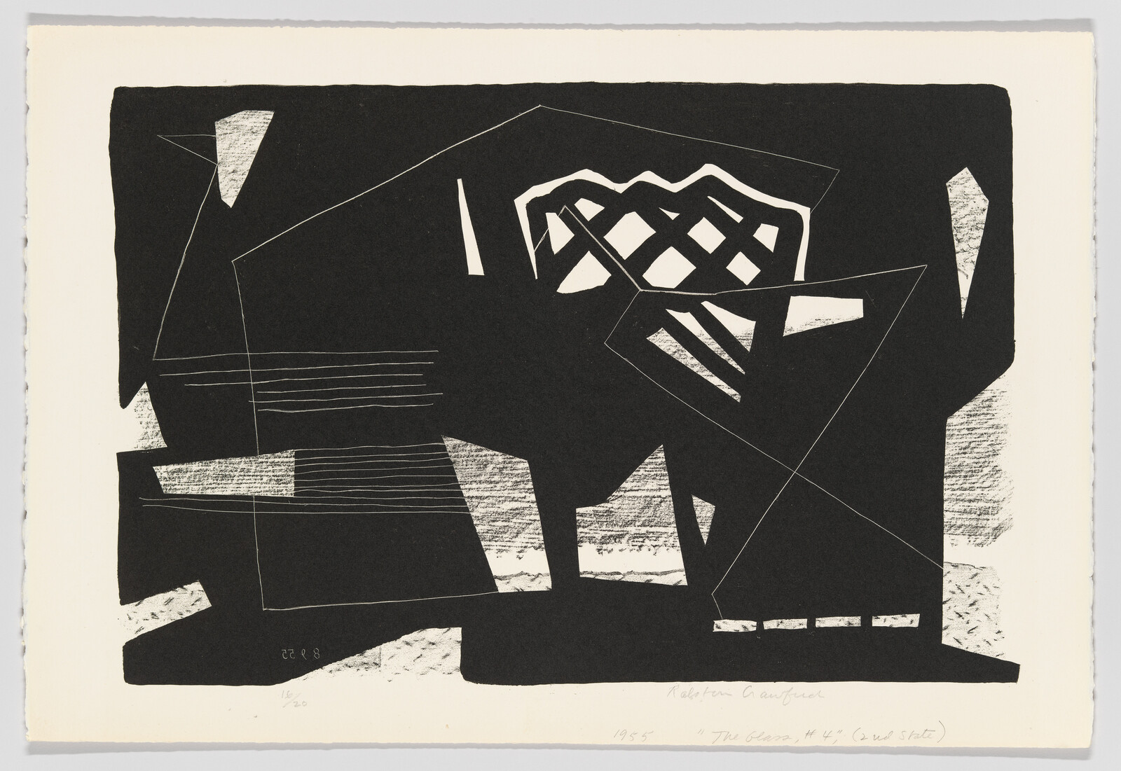 Large black abstract shapes with white linear accents and a lattice-like pattern across the center.