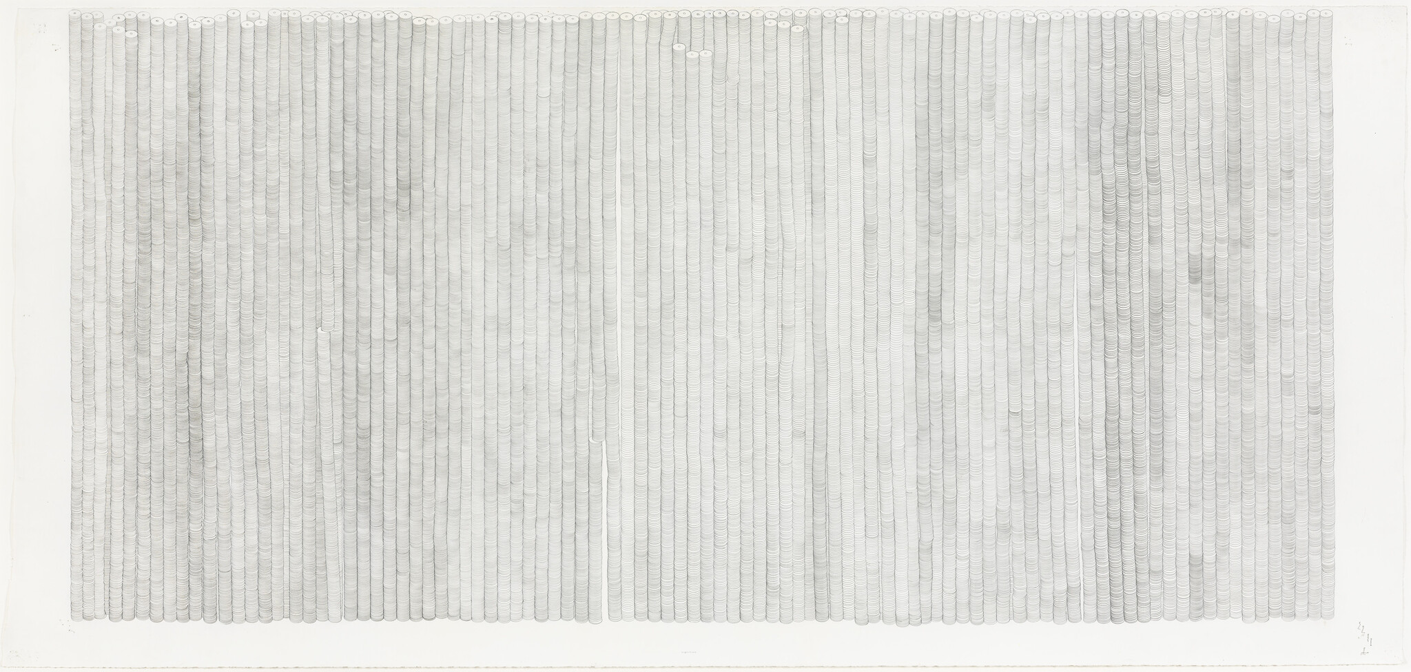 Rows of thin, stacked circular marks form vertical columns with subtle shading across the page.