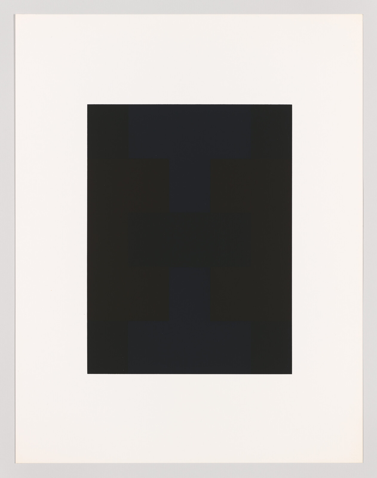A large black square with subtle dark blue and black geometric shapes in the center of a white background.