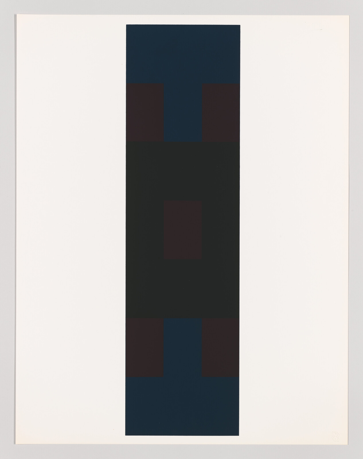 A vertical black rectangle with dark blue and maroon squares and rectangles on a plain white background.