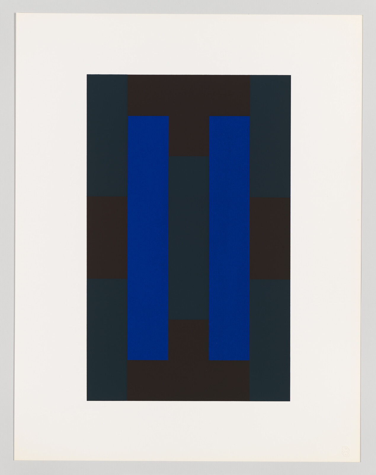 Two vertical blue rectangles are centered on a black and dark blue geometric background with a white border.