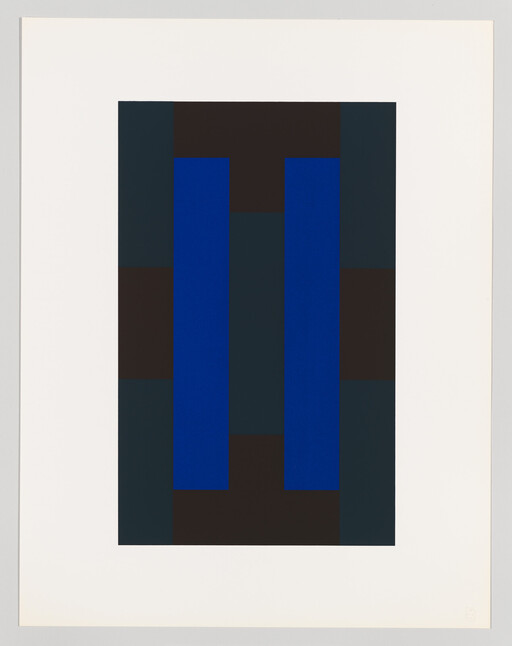 Two tall blue rectangles stand side by side within a dark geometric grid framed by white.