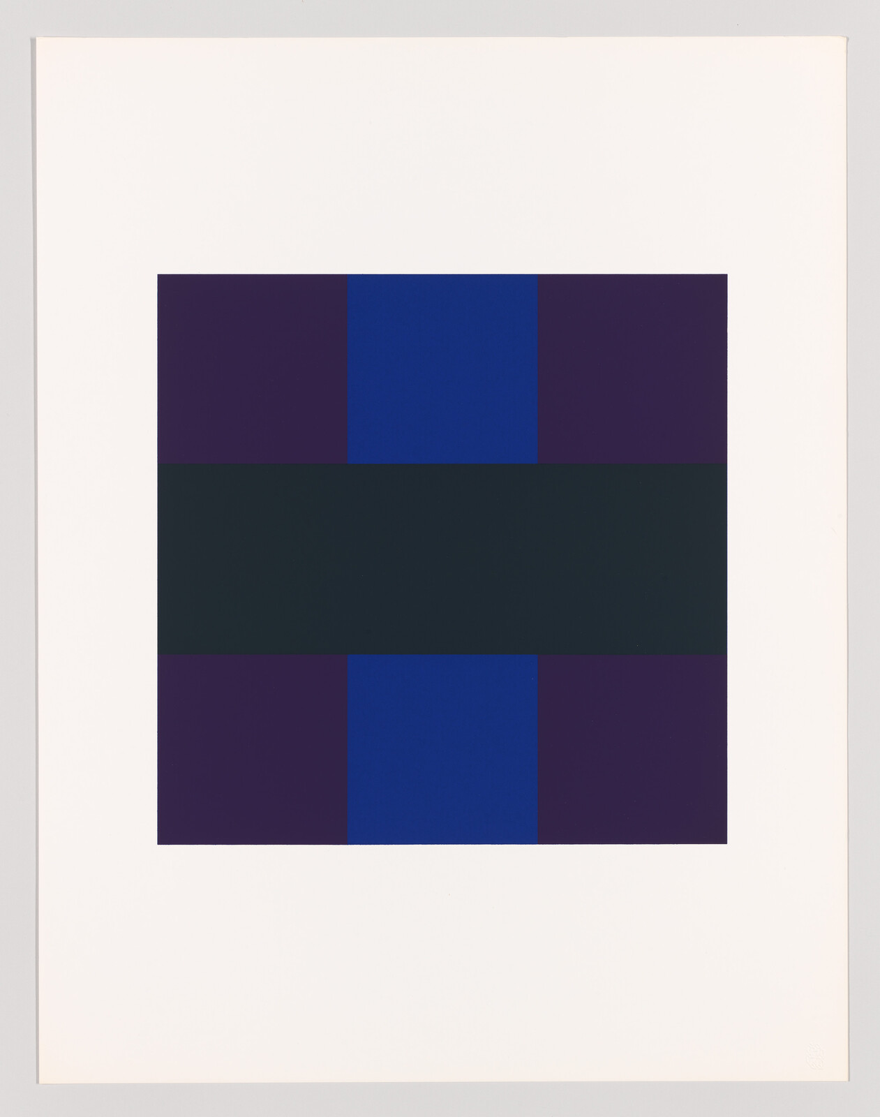 A square with dark purple, blue, and black rectangles arranged in a simple geometric pattern on a white background.
