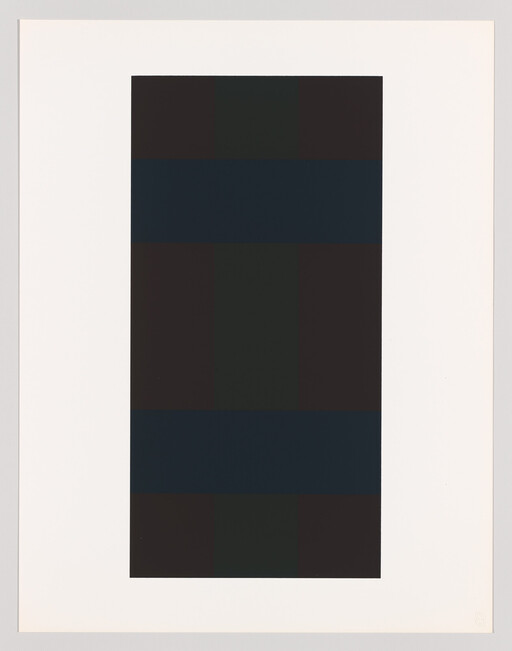 A tall dark rectangular print with two wide navy bands centered on a white background.