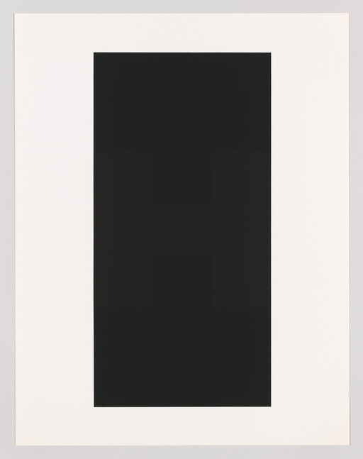 Large black rectangular abstract print with faint cross-like blocks centered on a white background.