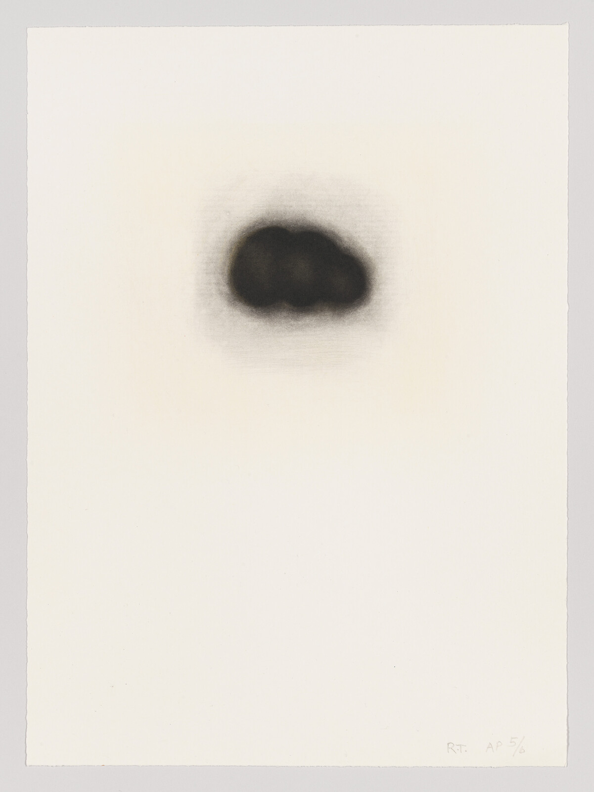 A minimalist artwork featuring a blurred black and grey oval shape centered on a white background, with the artist's initials and edition number inscribed at the bottom right corner.