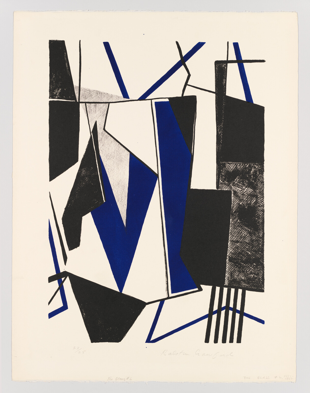 Abstract black and blue geometric shapes arranged in overlapping angular forms on a white background.