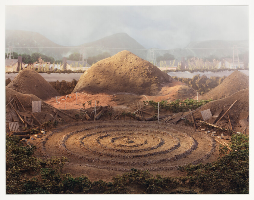 Concentric circular rings carved into dirt clearing surrounded by dirt mounds and scattered wooden debris.