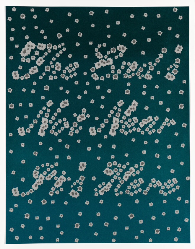 Teal background with clusters of small white flower-like holes arranged in repeating dotted patterns.