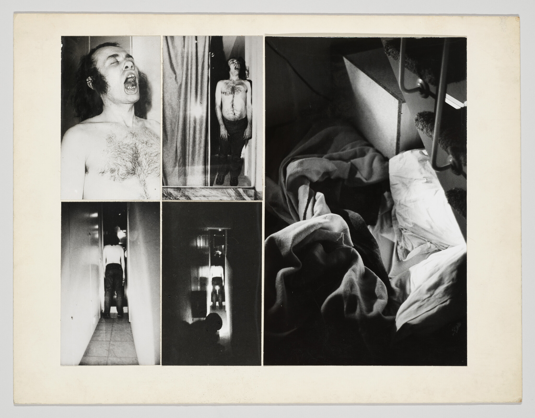Shirtless man seen yelling, standing in narrow hallway, and rumpled bed sheets in a black-and-white collage.