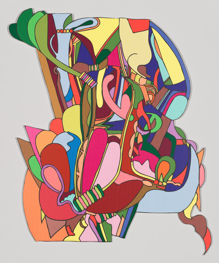 A vibrant and colorful abstract artwork with various interlocking shapes and forms in a multitude of colors including green, blue, yellow, red, and pink, displayed against a neutral background. The shapes are outlined in black, giving the piece a stained-glass effect.