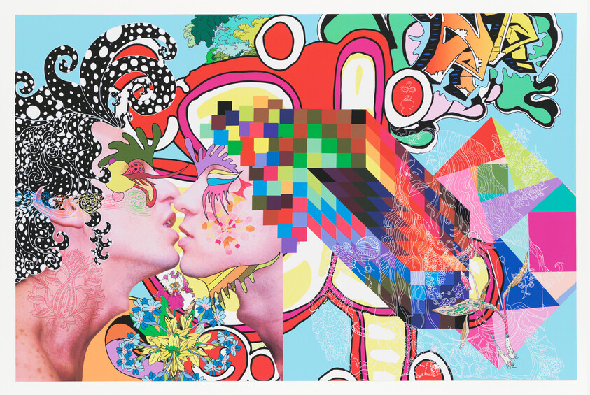 Two faces kissing amid a vibrant, psychedelic collage of colorful patterns, geometric shapes, and abstract designs.