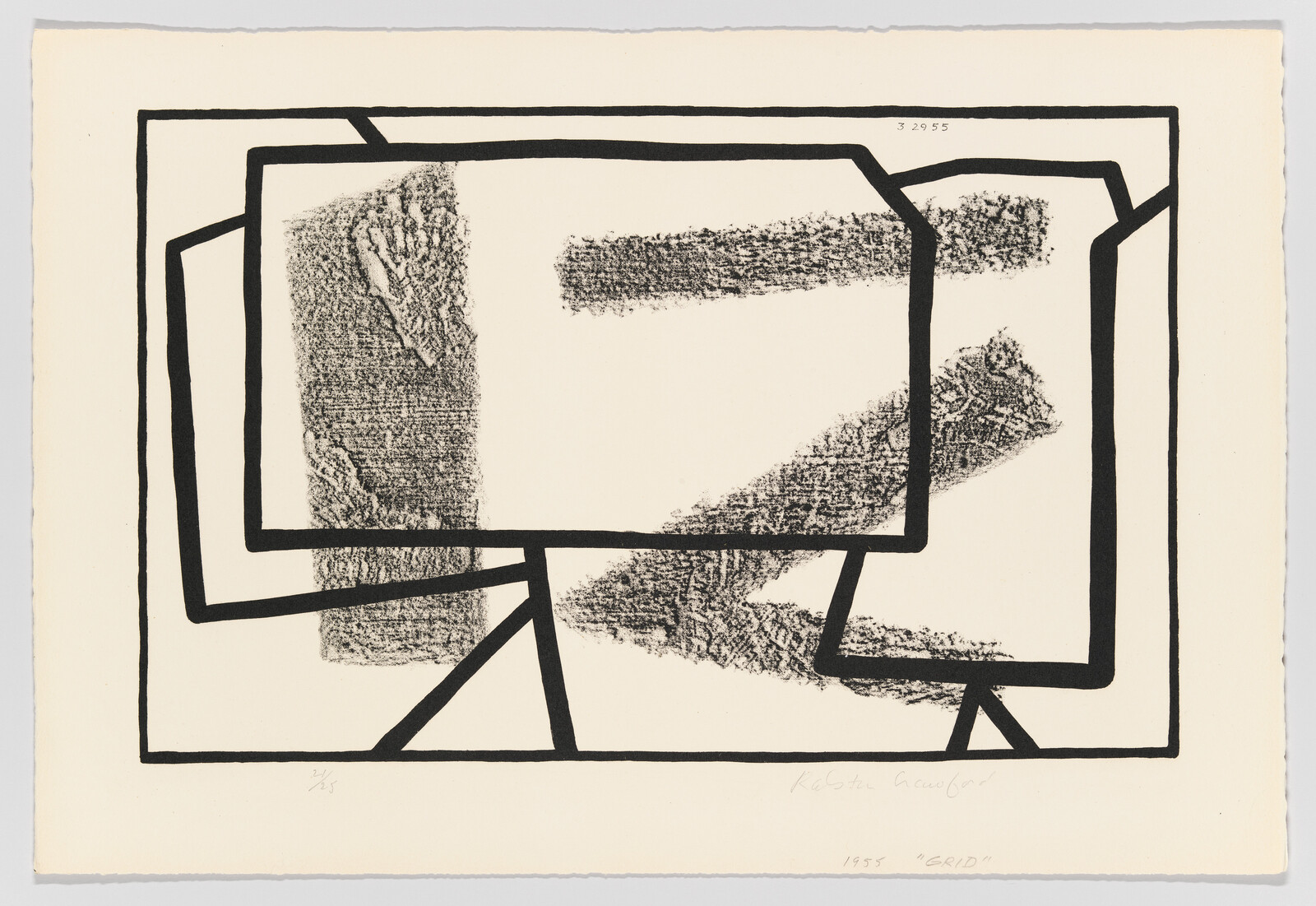 Overlapping thick black rectangular frames surround and intersect textured charcoal brushstrokes on off-white paper.