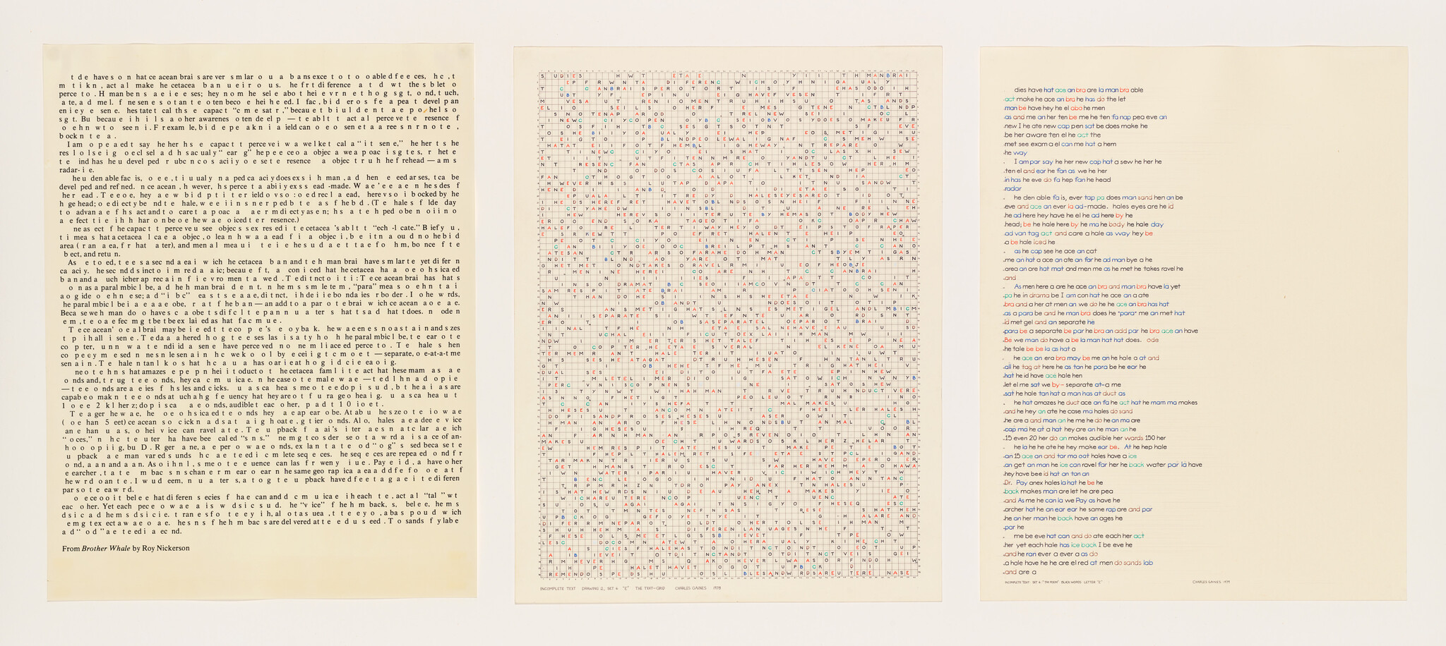 Three large sheets display a typed essay, a filled letter grid, and color-coded text columns.