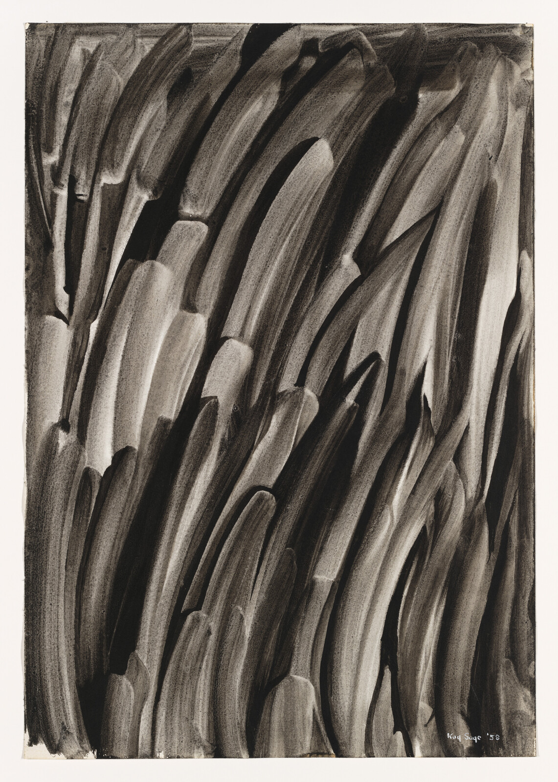 Bold black and gray sweeping brushstrokes overlap vertically across the paper, creating rhythmic abstract forms.