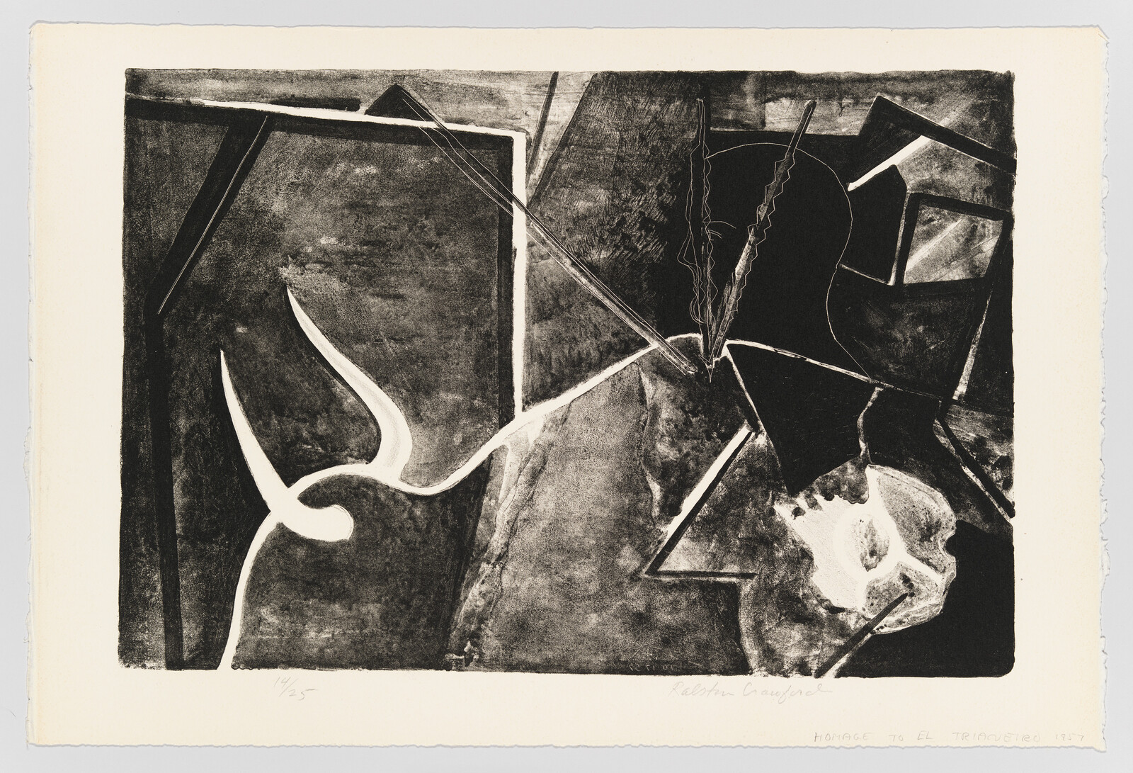 Abstract black-and-white composition with angular shapes, a white bird-like curve, and a skull form.