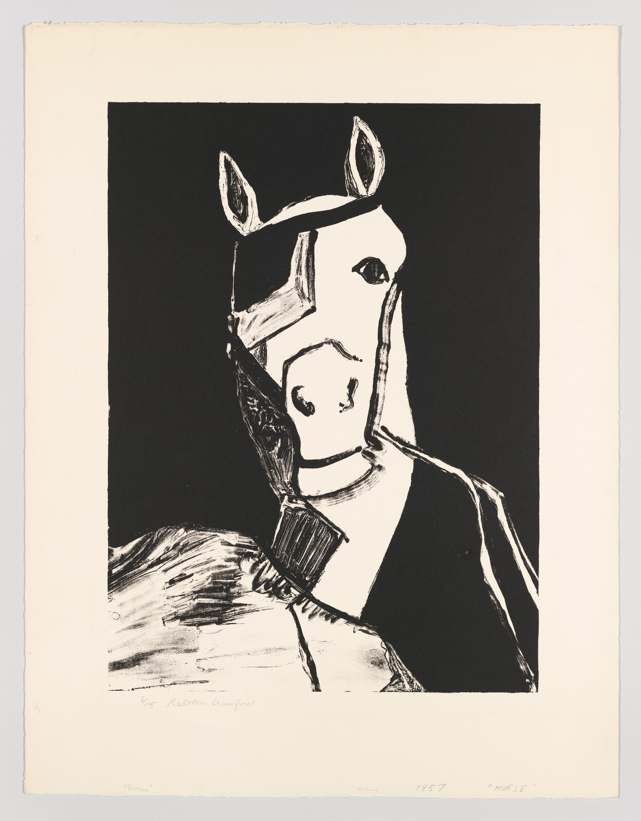 A bold black-and-white screenprint shows a stylized horse head wearing a bridle.