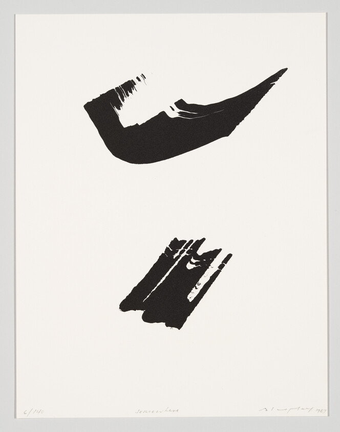 A black and white abstract print featuring two distinct black ink brushstrokes on a white background. The upper brushstroke is elongated and curved, while the lower one is shorter and more fragmented. There is handwriting at the bottom of the print, indicating a limited edition number and a signature with a date of 1987.