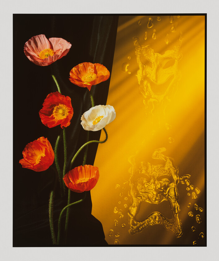 Six colorful poppy flowers stand beside a yellow background with two dramatic theater mask faces and light rays.