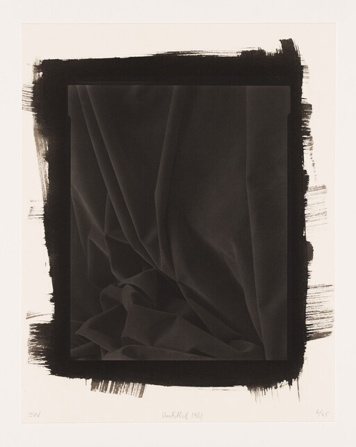 Dark draped fabric forming soft folds framed by rough black brushstrokes on a light background.