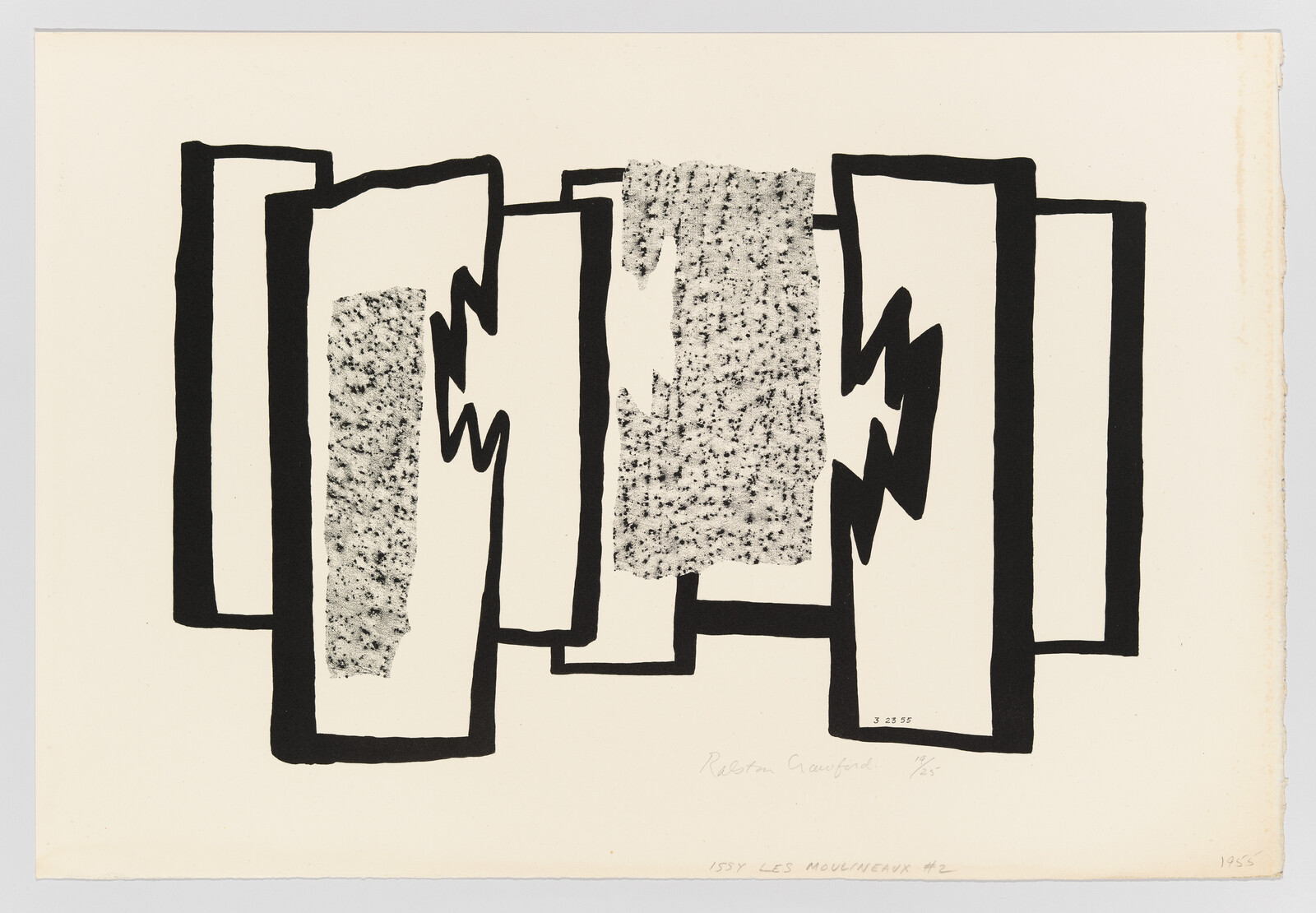 Bold black rectangular and jagged shapes overlap with textured gray panels on cream paper.