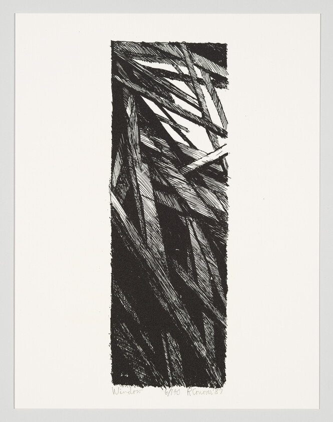 Tall narrow black print shows overlapping diagonal wood-like slats and sharp angled lines.
