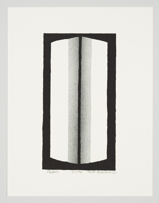 A tall black rectangular frame surrounds two soft gray vertical columns forming a minimalist abstract composition.