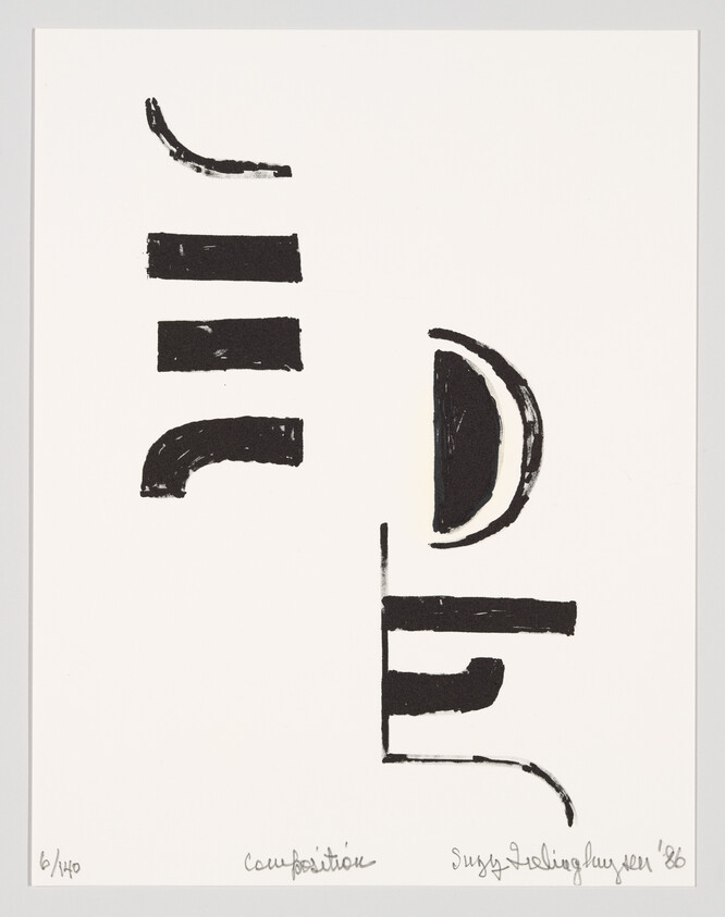 A black and white abstract print featuring bold, brushstroke-like elements arranged in a seemingly random composition. The image includes handwritten text at the bottom, indicating the title, artist's signature, and date.