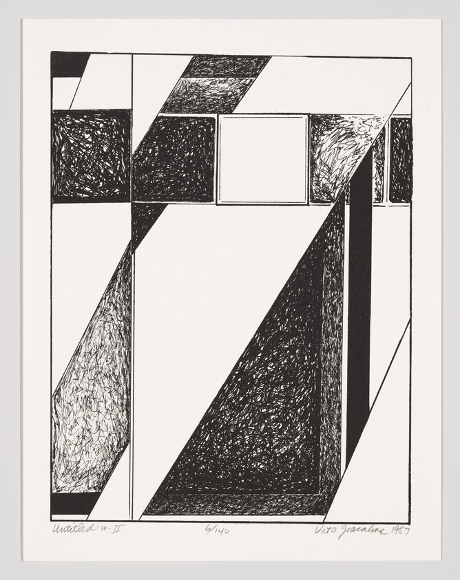 Abstract black-and-white geometric composition with rectangles, diagonal bands, and textured shaded areas.