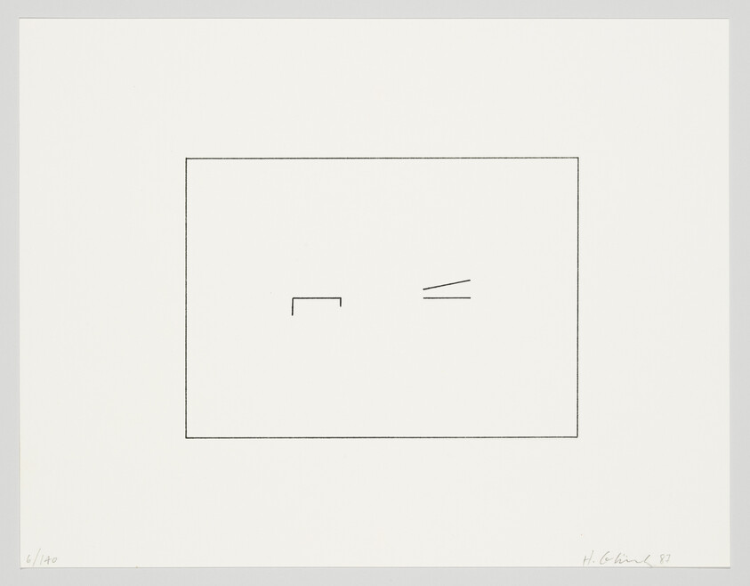 Centered rectangular frame with two small clusters of short black lines inside on white background.