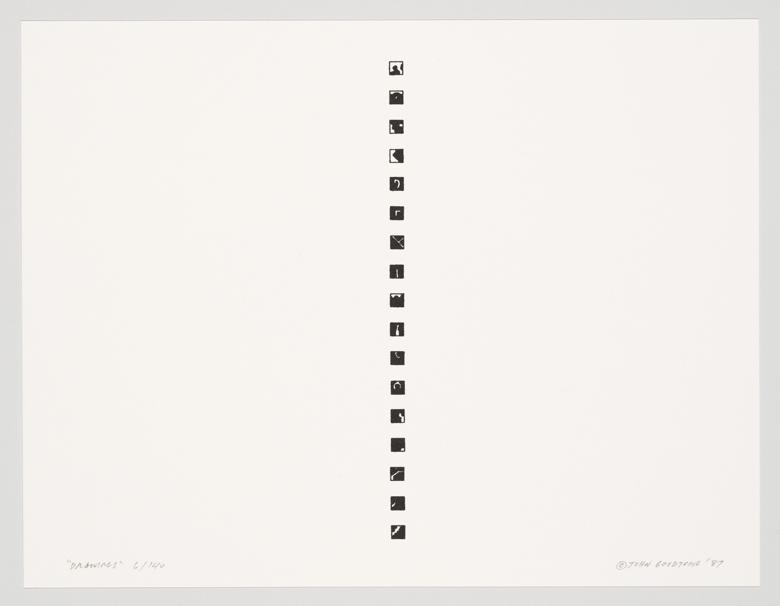 A minimalist artwork featuring two vertical rows of small, black square images evenly spaced along the center of a white background. Each square appears to contain a different abstract or symbolic design. The bottom left corner of the artwork has handwritten text, possibly a signature or title, and the bottom right corner has a date or additional text.