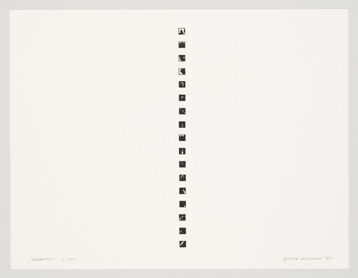 A vertical column of small black square icons runs down the center of a large white page.