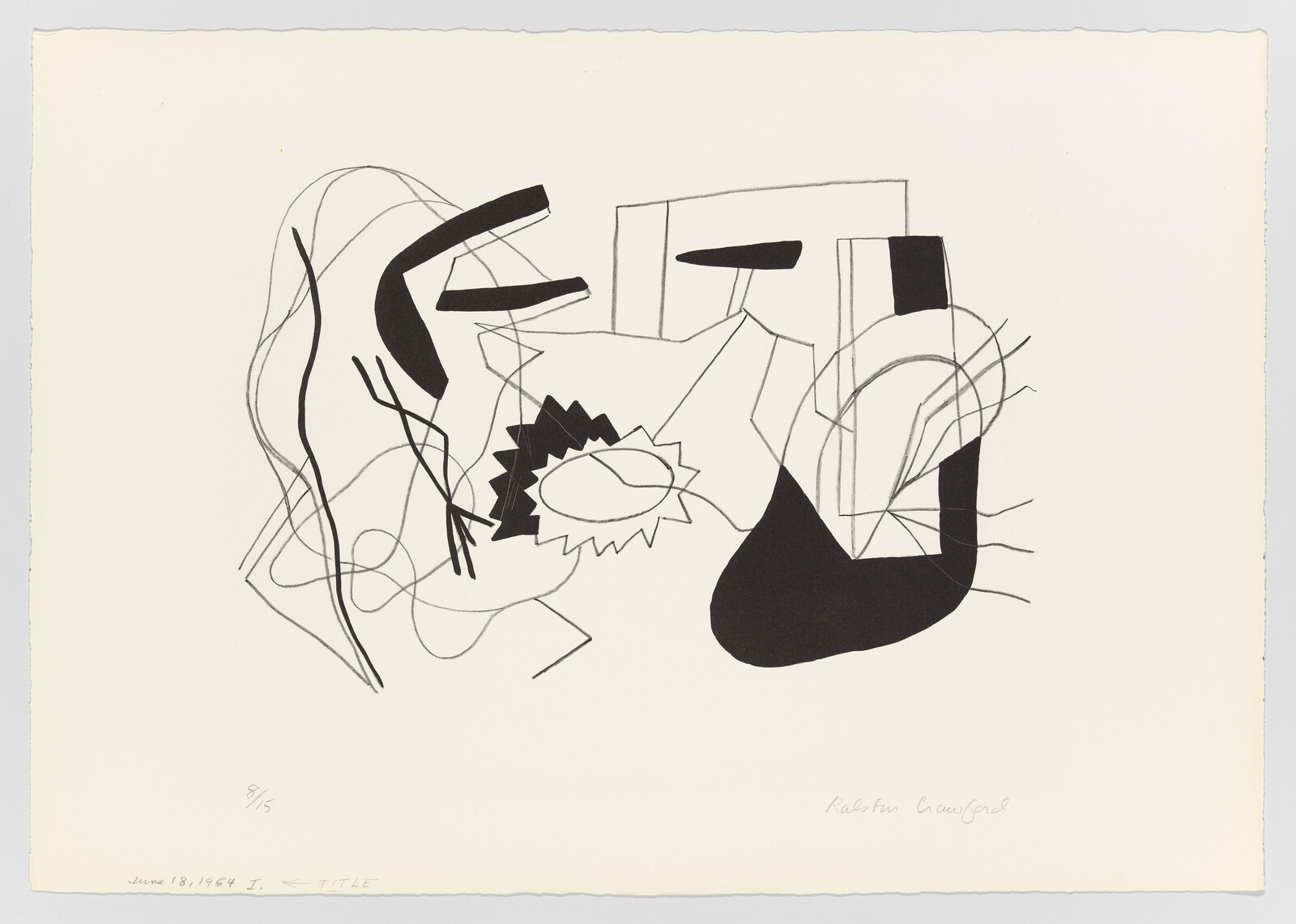 Abstract composition of black shapes and thin pencil lines suggesting organic and geometric forms.