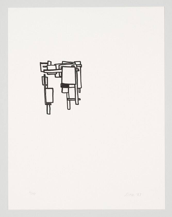 A small cluster of black rectangular shapes arranged like hanging signs on a large white page.