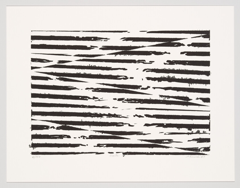 A black and white abstract print featuring horizontal brushstrokes of varying lengths and thicknesses on a white background. The artwork is numbered and signed by the artist in the lower margin.