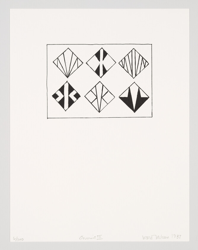 Six diamond-shaped black-and-white geometric designs arranged in two rows inside a rectangular frame.