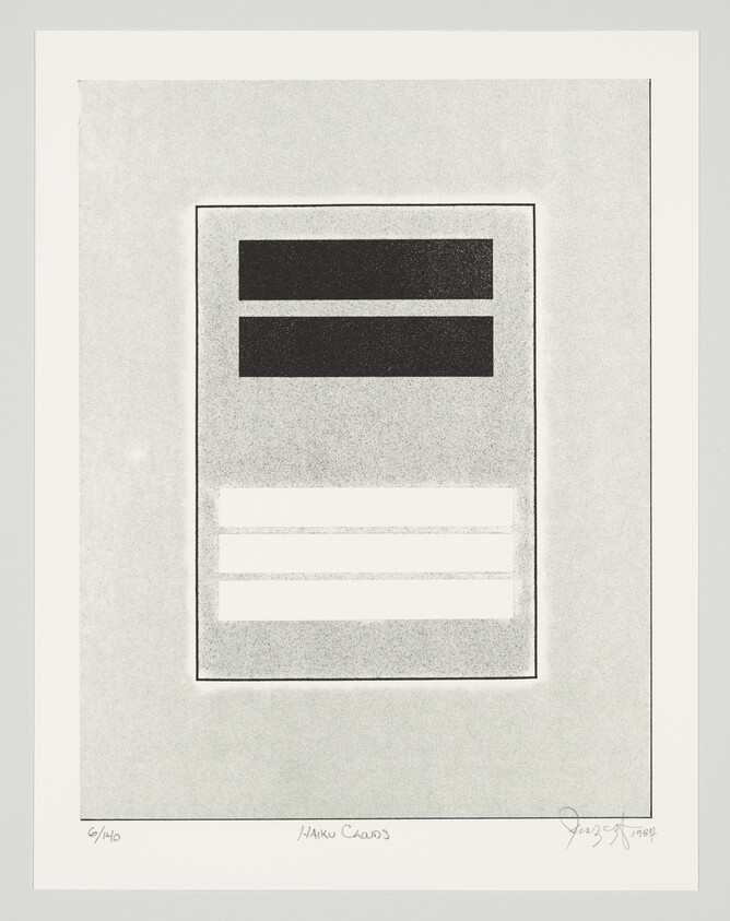 Abstract print showing stacked dark and light horizontal bars inside a centered gray bordered rectangle.